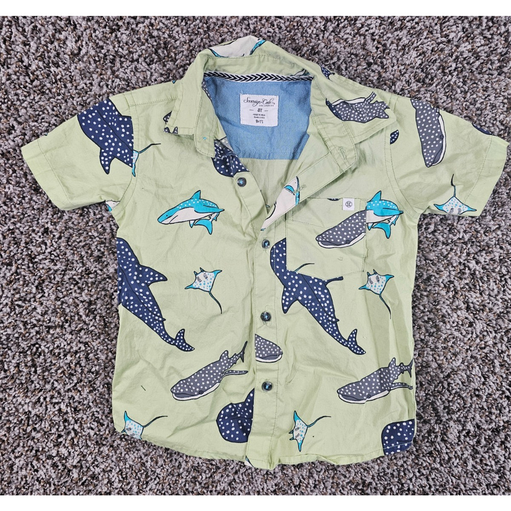 Sovereign Code Toddler Boys Sz 3T Short Sleeve Button Up Shirt Shark Print Green